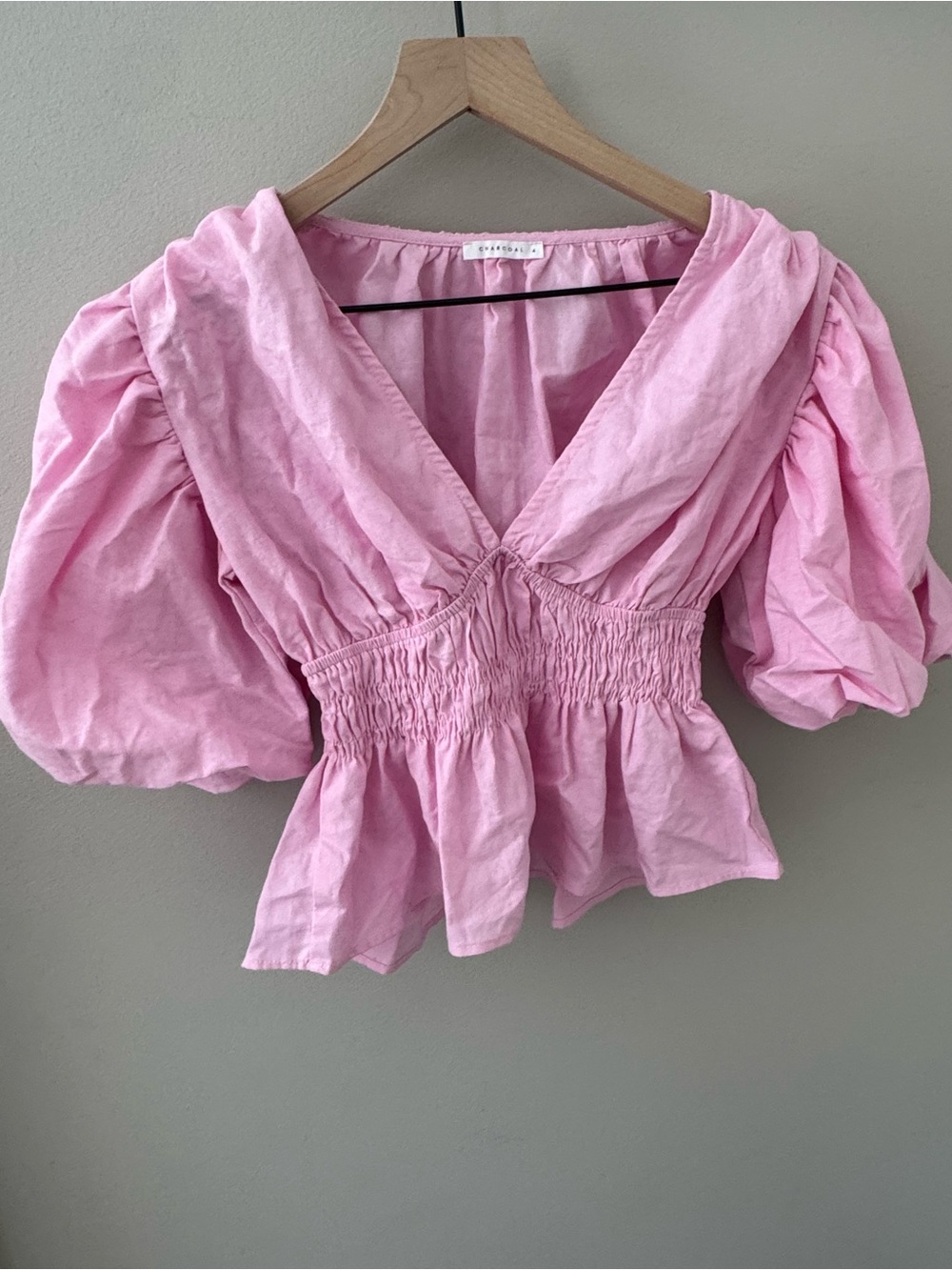 Puff-Sleeve Smocked Waist V-Neck Blouse - Pink